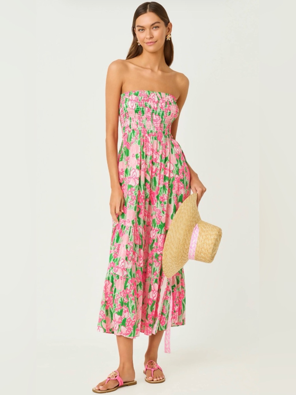 NWT Lilly Pulitzer Anali Pink & Green Floral Strapless Maxi Cover Up. Size M